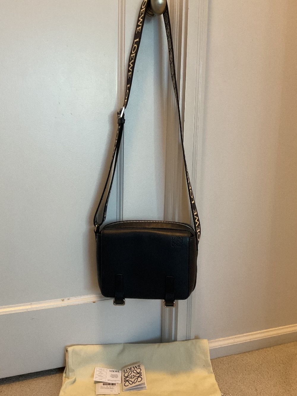 Perfect Loewe Military messenger bag in Navy blue w/jacquard strap